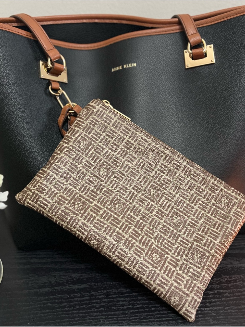 Anne Klein Black Tote with Brown Trim and Gold Hardware - Picture 3 of 6